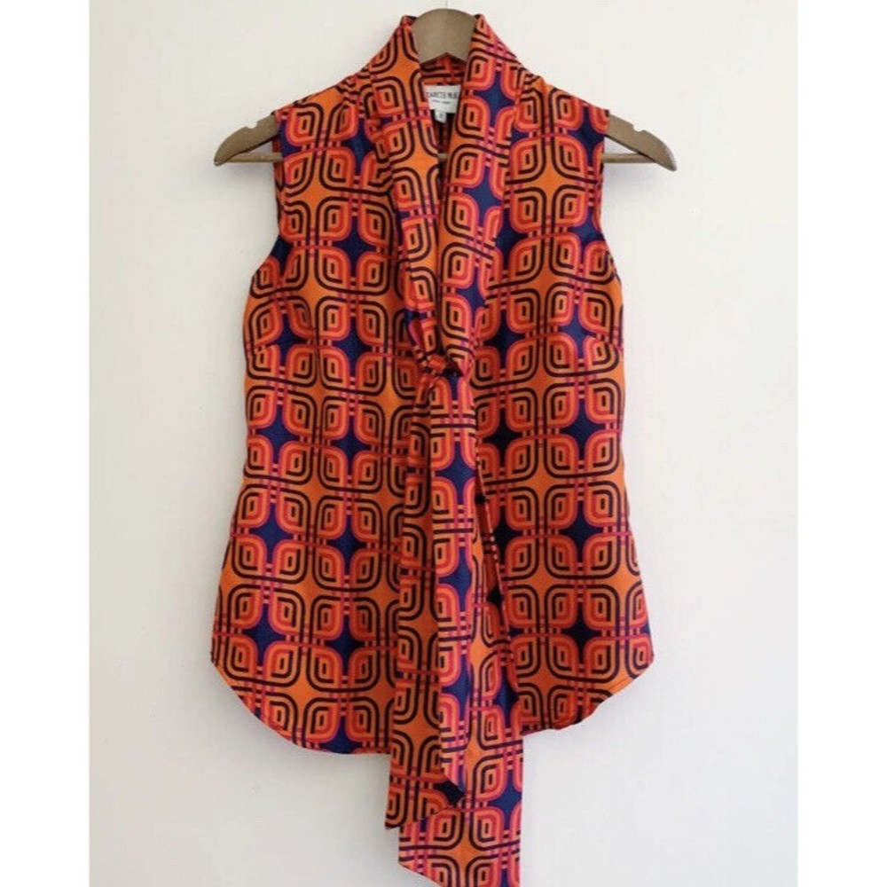 Elizabeth McKay Orange and Navy Geometric Tie-Neck Sleeveless Blouse